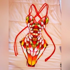 Robbin Piccone Orange Lotus Floral Crossback One Piece Swimsuit